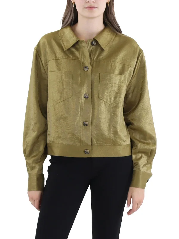 ladies' fur-lined jacket -Womens Shimmer Button-Down Utility Jacket