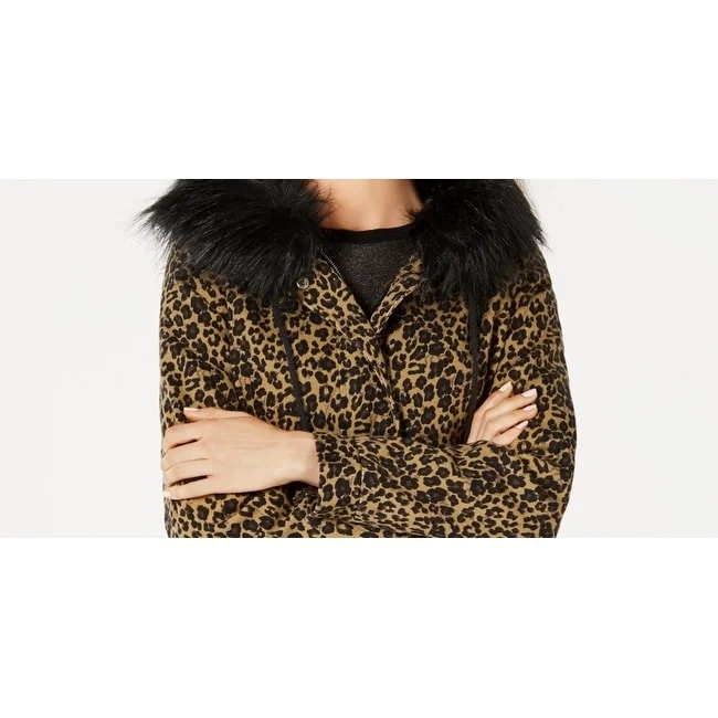 trendy plaid coat for women -Jou Jou Junior's Leopard Print Faux Trim Hooded Jacket Brown Size Small