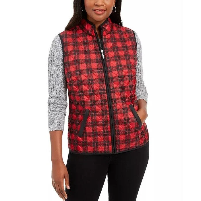 women's thermal long coat -Karen Scott Women's Sport Plaid Puffer Vest Bright Red Size Medium