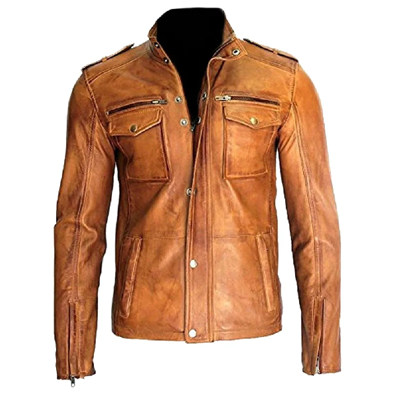 soft touch sherpa coat for women -Men Fashion Real Lambskin Tan Leather Waxed Moto Jacket