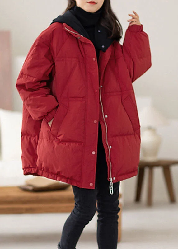 women's elegant cape coat -Plus Size Red Hooded Patchwork Duck Down Puffers Jackets Winter