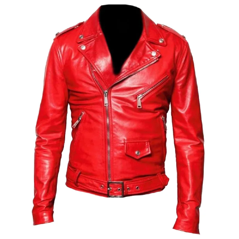 women's fur-trimmed parka -Men Red Classic Motorbike Leather Jacket