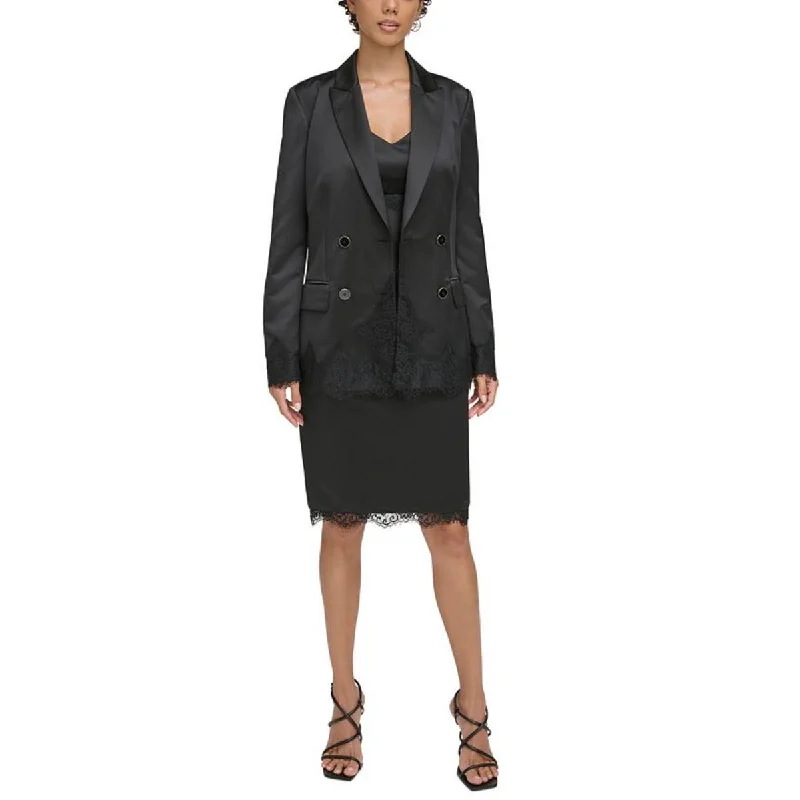 classic trench raincoat for women -Donna Karan Womens Lace Trim Shoulder Pads Double-Breasted Blazer