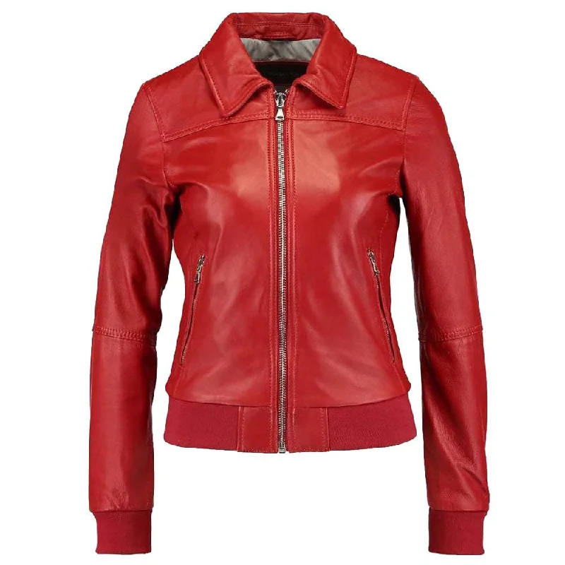 ladies' designer overcoat -Women Red Bomber Slim Fit Leather Jacket