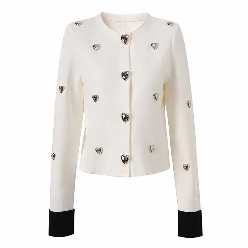 classic women's wool coat -Women Heart Stud Embellished Jacket Round Neck Cardigan Coat