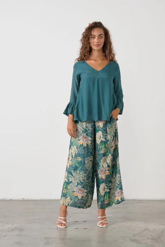 elegant long tunic top for women -V-Neck Ruffle Sleeve Blouse - Green