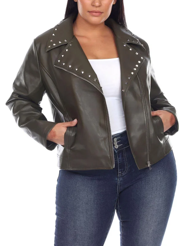 military-style coat for women -Plus Womens Faux Leather Studded Motorcycle Jacket