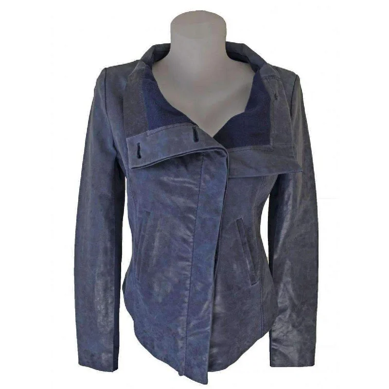 women's belted trench coat -Blue Leather Jacket