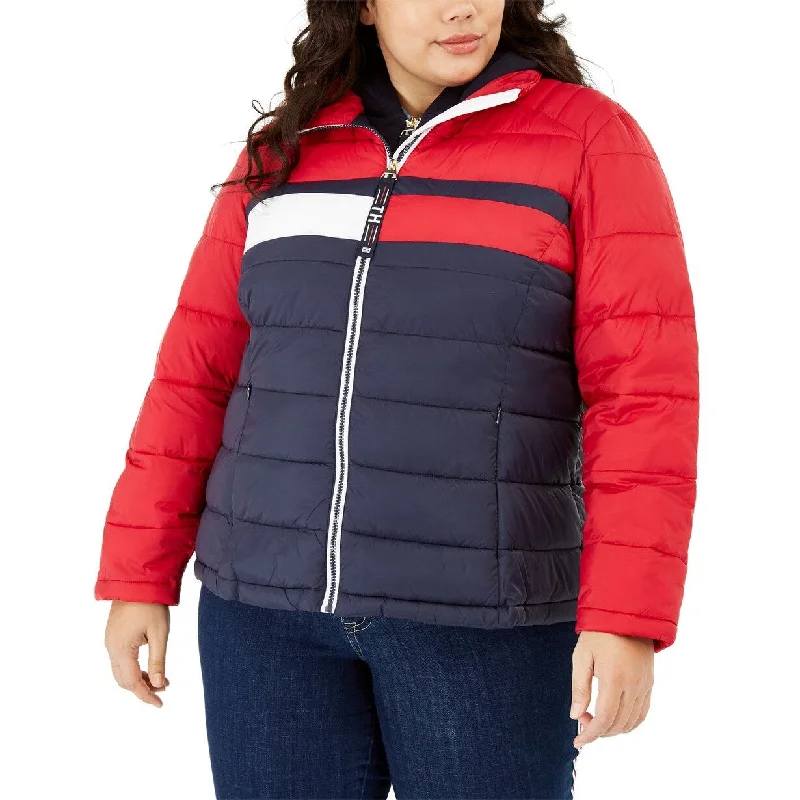 warm down coat for women -Tommy Hilfiger Women's Plus Size Colorblocked Puffer Jacket Red Size Extra Large