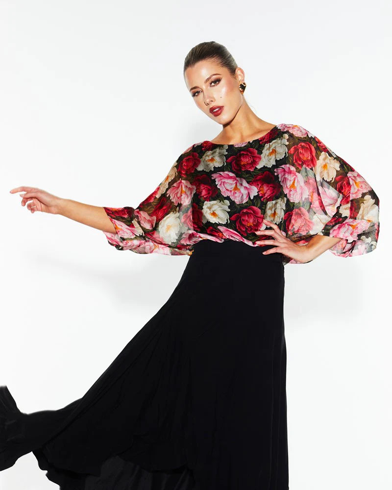 ladies' loose-fit batwing top -Sunshine & Shadow Silk Top - Oscar Floral