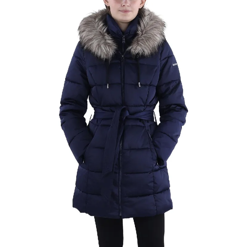 stylish knit jacket for women -Womens Faux Fur Trim Hooded Puffer Jacket