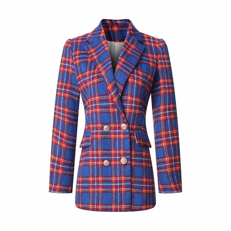 urban streetwear jacket for women -Women Long Sleeve Checked Blazer Coat Blue