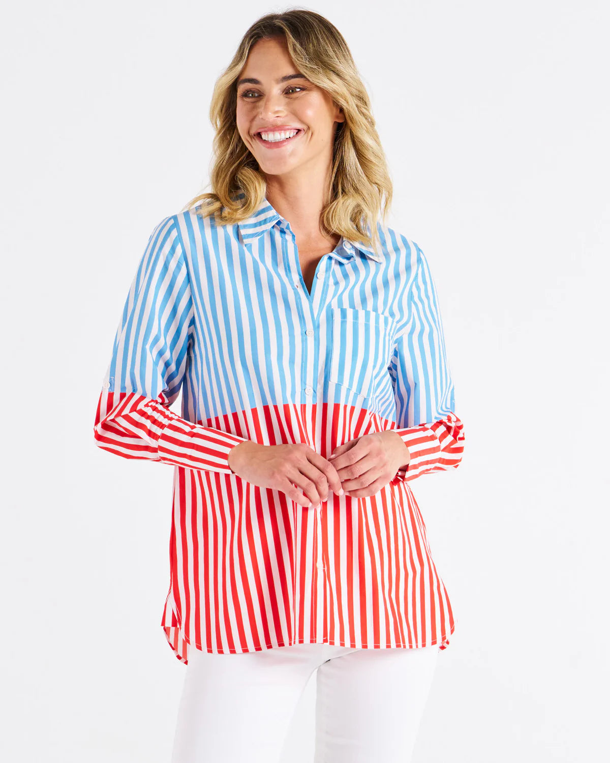 women's striped casual shirt -Camden Cotton Shirt - Blur/Cherry Red Stripe