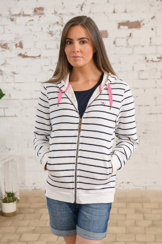 ladies' ruched front blouse -Strand Hooded Top - Navy Striped