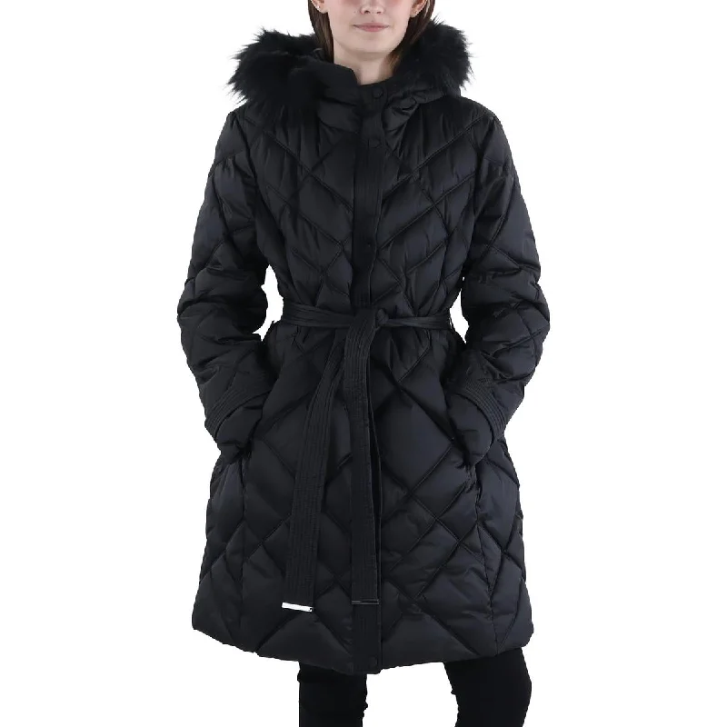 structured blazer jacket for women -Womens Faux Fur Trim Hooded Puffer Jacket