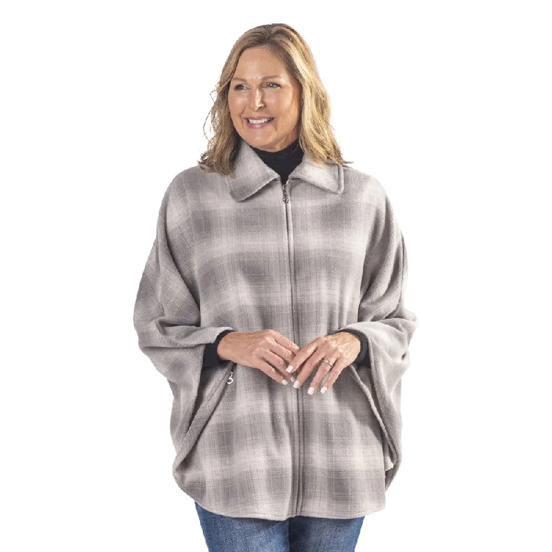 urban streetwear jacket for women -Winter Warm White and Grey Plaid Full Zip Fleece Cape