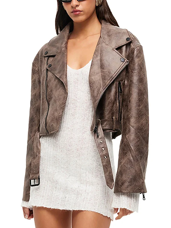 cropped wool blazer for women -Staten Island Womens Faux Leather Distressed Motorcycle Jacket