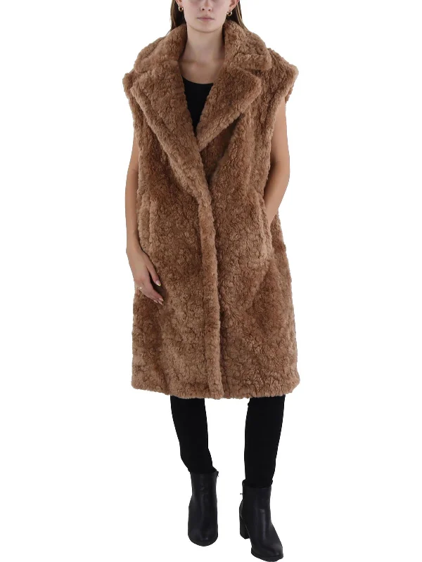 warm padded coat for women -Womens Notch Collar Midi Faux Fur Coat