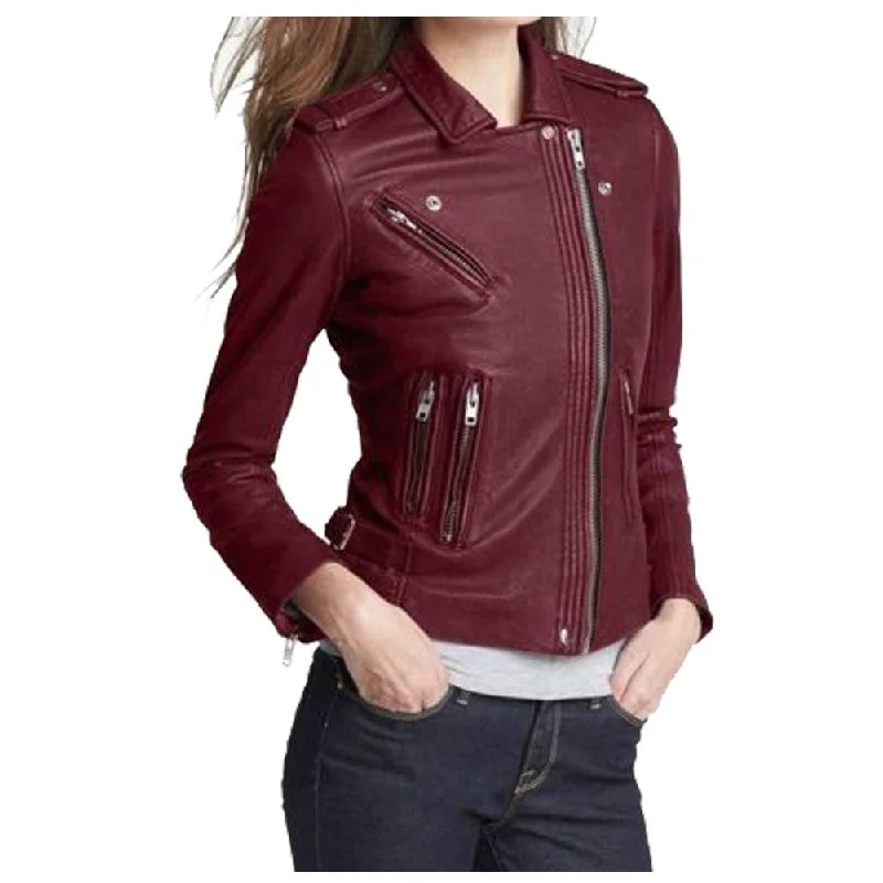 zip-up casual anorak jacket for women -WOMEN MAROON LEATHER SLIM FIT FASHION LEATHER JACKET