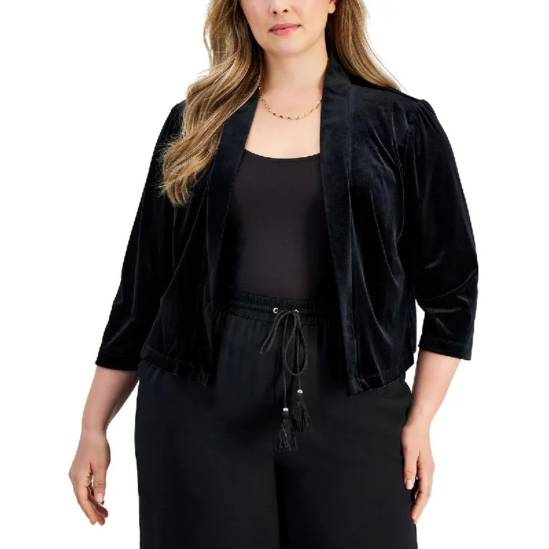 sleek satin bomber jacket for women -Connected Apparel Womens Petites Velvet Dressy Open-Front Blazer