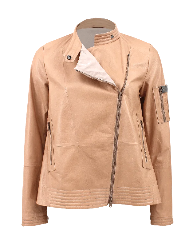 fashionable belted wool coat for women -Zip Front Trapeze Leather Jacket