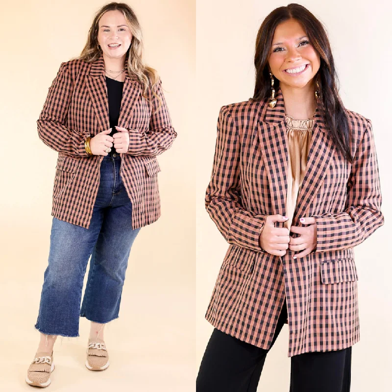 versatile casual coat for women -Coffee And Smiles Double Button Plaid Blazer with Long Sleeves in Terracotta Brown and Black