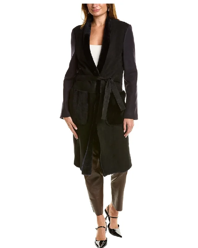 women's elegant cape coat -Piazza Sempione Leather-Trim Wool Coat