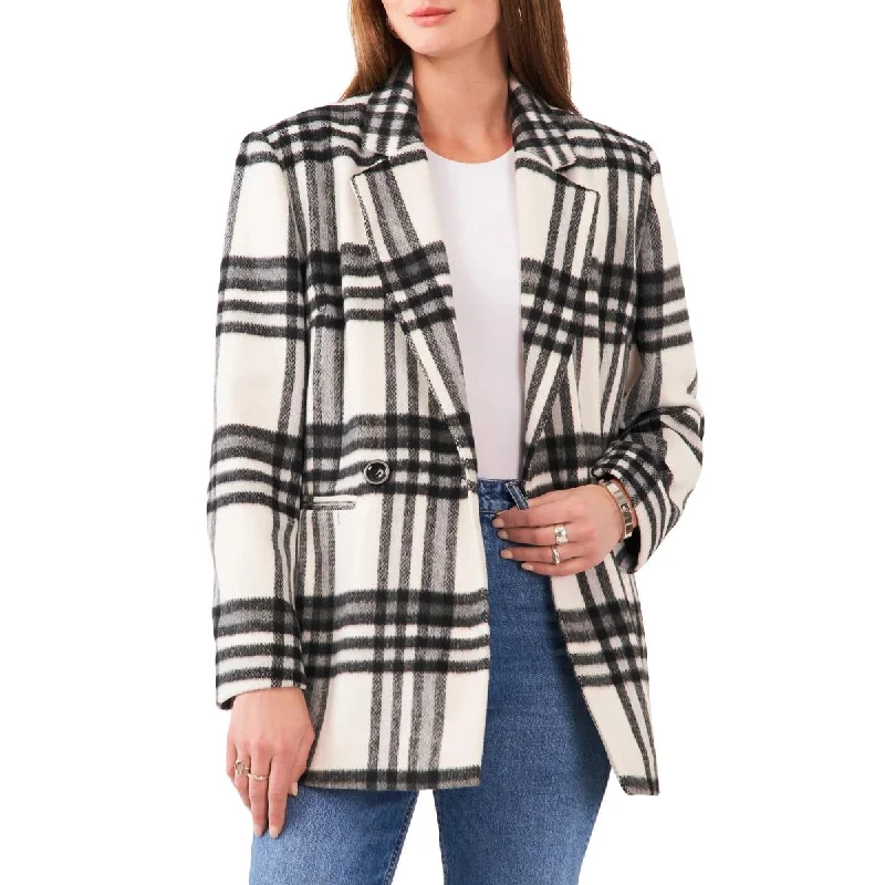 ladies' faux suede jacket -Vince Camuto Womens Plaid Notch Collar Double-Breasted Blazer