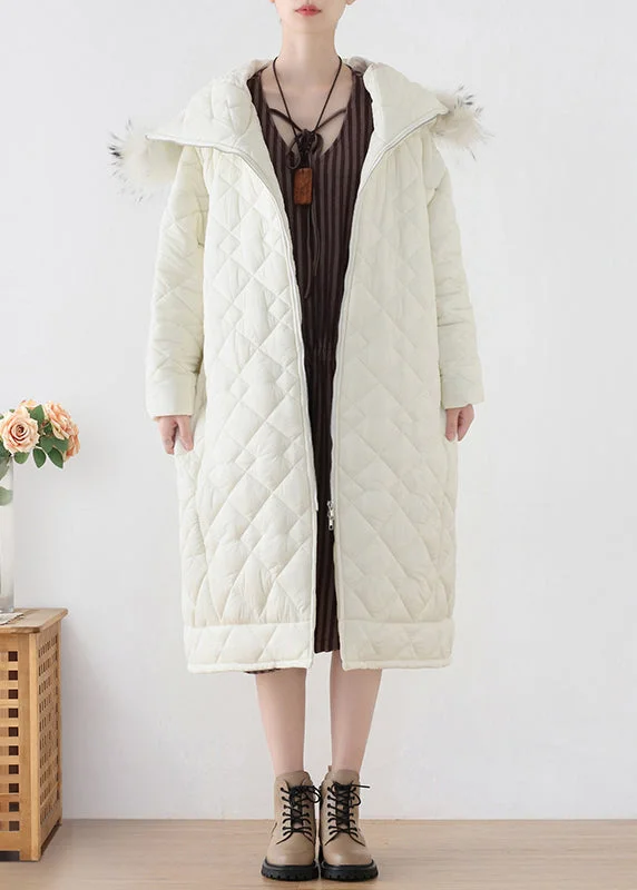 women's winter coat -White Fur Collar Zippered Thick Hooded Parka Winter