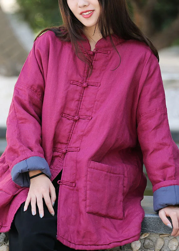 women's lightweight jacket -Rose Warm Fine Cotton Filled Coats Mandarin Collar Button Winter