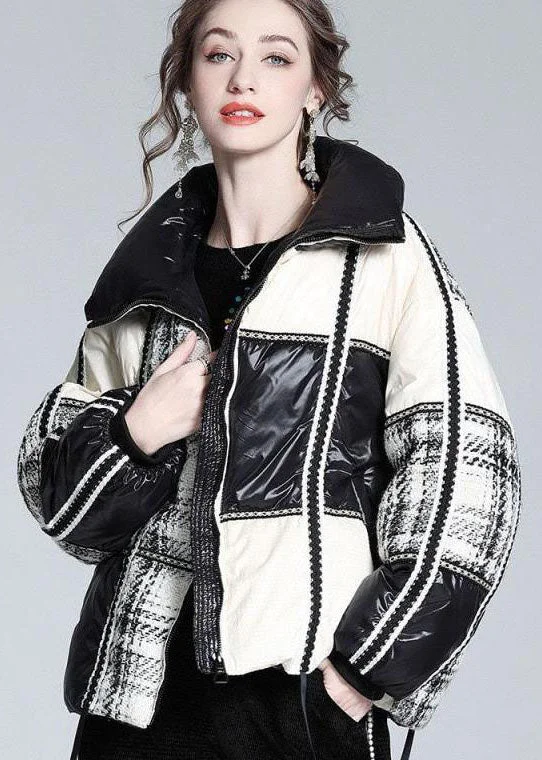 stylish houndstooth coat for women -Elegant Colorblock Stand Collar Patchwork Duck Down Canada Goose Jacket Winter