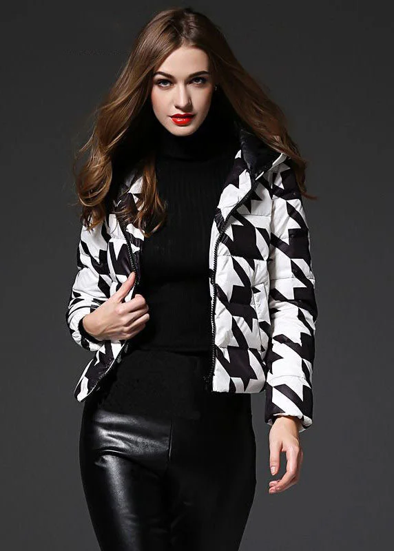 cozy teddy coat for ladies -Fashion Black White Plaid Hooded Zippered Duck Down Puffer Jacket Winter