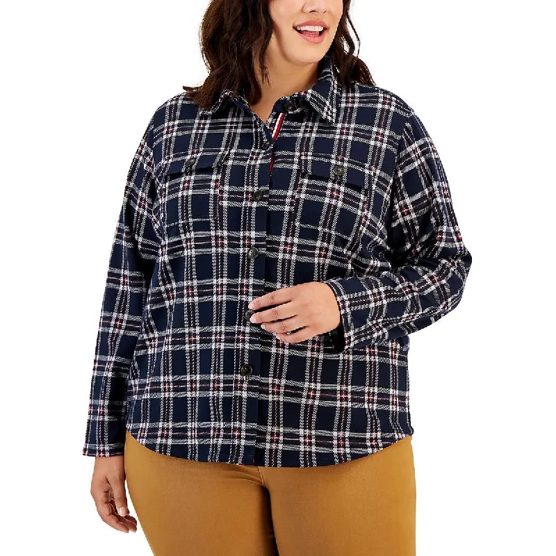 women's travel-friendly jacket -Plus Womens Plaid Cold Weather Shirt Jacket