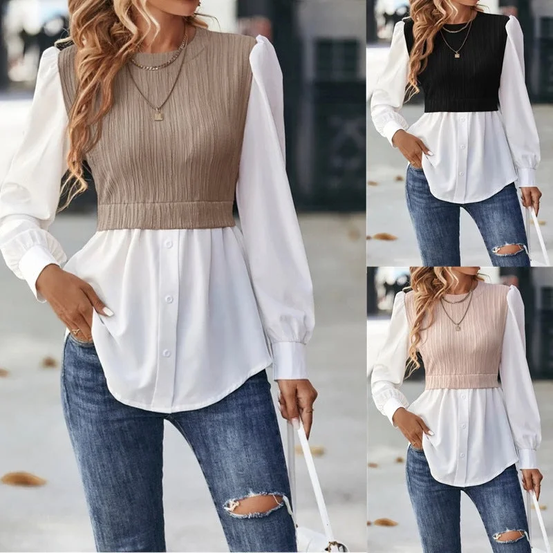 ladies' long sleeve top -Women's New Round Neck Wavy Stripes Stitching Fashion Tops Temperament Blouse