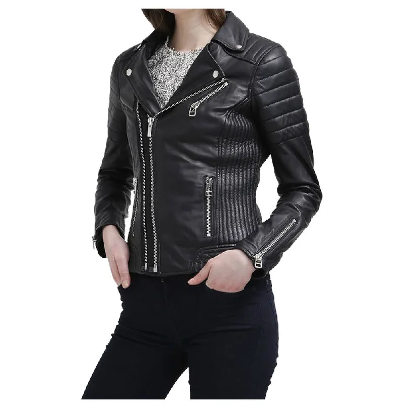 cropped faux leather jacket for women -WOMEN SLIM FIT BLACK GENUINE LEATHER JACKET INNOVATIVE DESIGN LEATHER JACKET