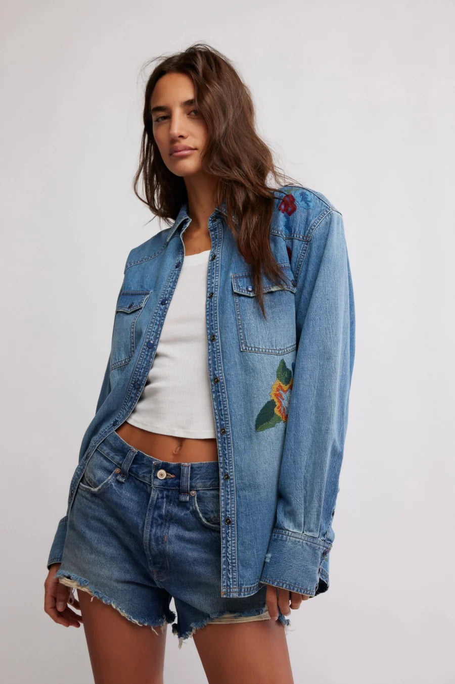 warm padded coat for women -Free People Oh the Places You'll Go Denim Jacket