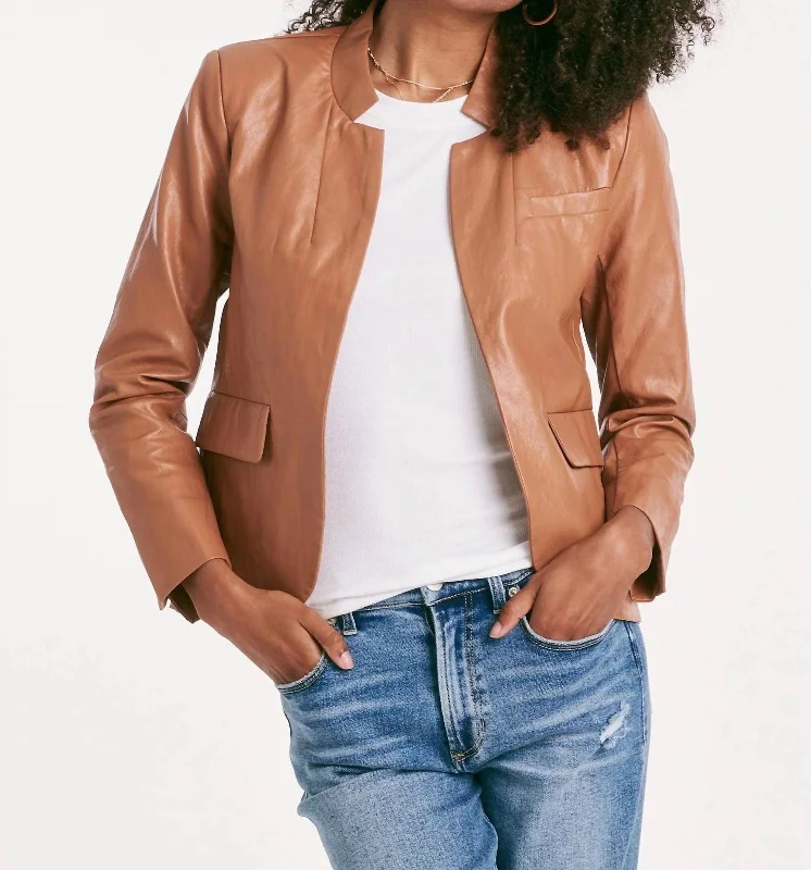 sporty track jacket for women -Trinity Faux Leather Jacket In Saddle