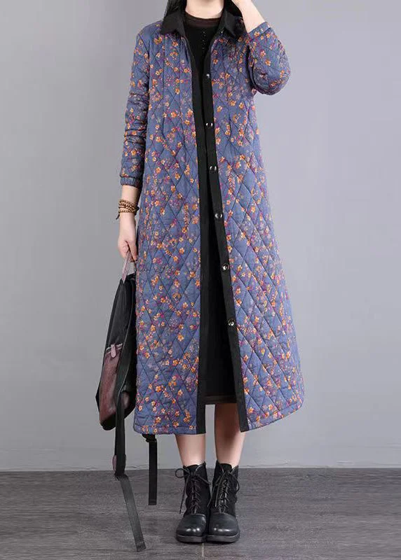 elegant long coat for women -Purple Print Patchwork Fine Cotton Filled Coats Peter Pan Collar Winter