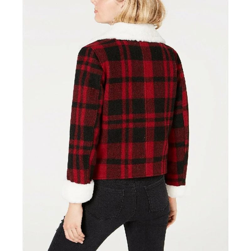 women's asymmetrical zip jacket -Coffee Shop Juniors Women's Faux-Faux-Collar Plaid Jacket Red/Black Size Small