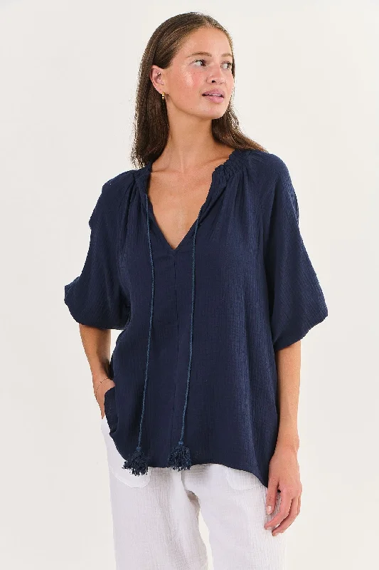 lightweight crinkle blouse for women -Mooring Cotton Top - Navy