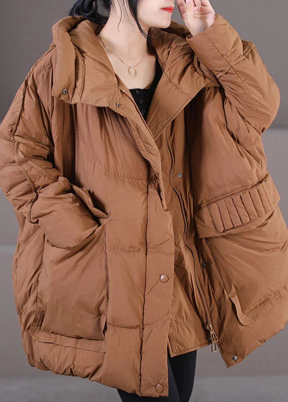 breathable softshell jacket for women -Caramel Warm Duck Down Puffer Jacket Hooded Oversized Winter