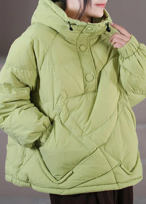 double-layered long coat for women -Plus Size Light Green Hooded Drawstring Duck Down Pullover Jackets Winter