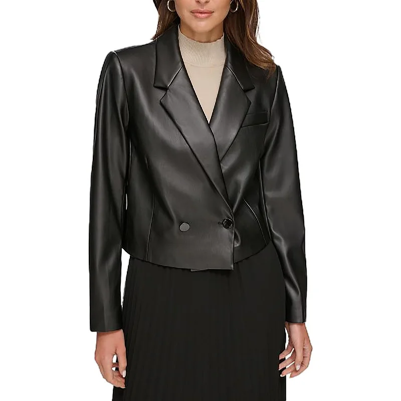 women's lightweight jacket -DKNY Womens Faux Leather Crop One-Button Blazer