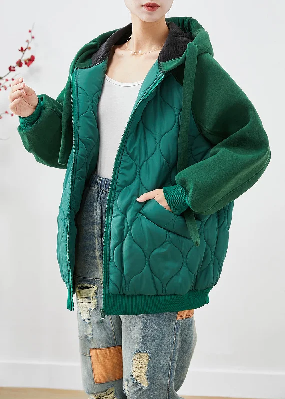 winter parka for women -Handmade Green Hooded Patchwork Fine Cotton Filled Puffer Jacket Winter