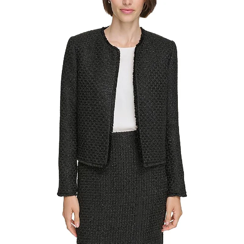 ladies' soft knit cardigan coat -Calvin Klein Womens Tweed Fringe Open-Front Blazer