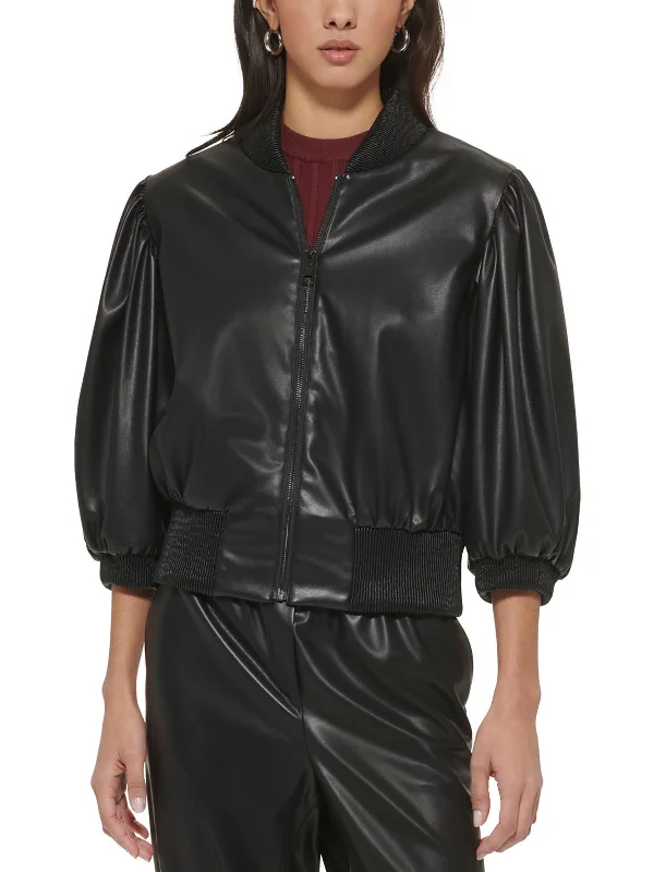 ladies' lightweight anorak coat -Womens Faux Leather Short Bomber Jacket