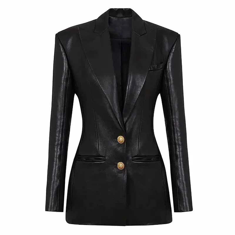 women's long trench coat -Women 2-Button Faux Leather Jacket V Neck Coat