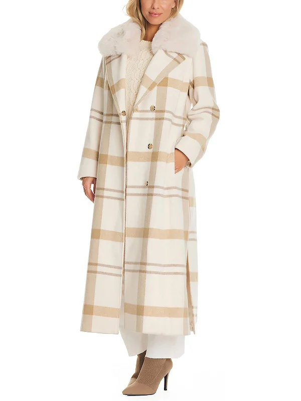 fitted wool blend coat for women -Womens Wool Blend Faux Fur Trim Walker Coat