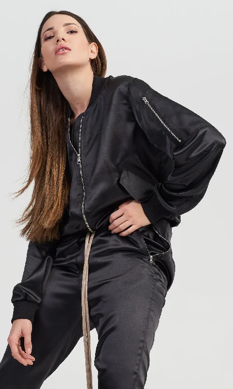 women's relaxed boyfriend blazer -Black Satin Bomber Jacket