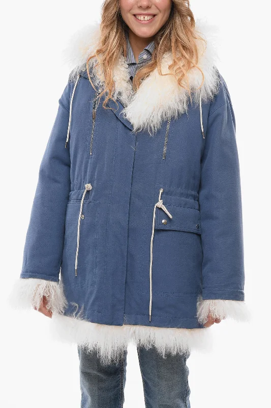 ladies' puffer jacket -Calvin Klein Cotton-canvas Parka with Furred Lining